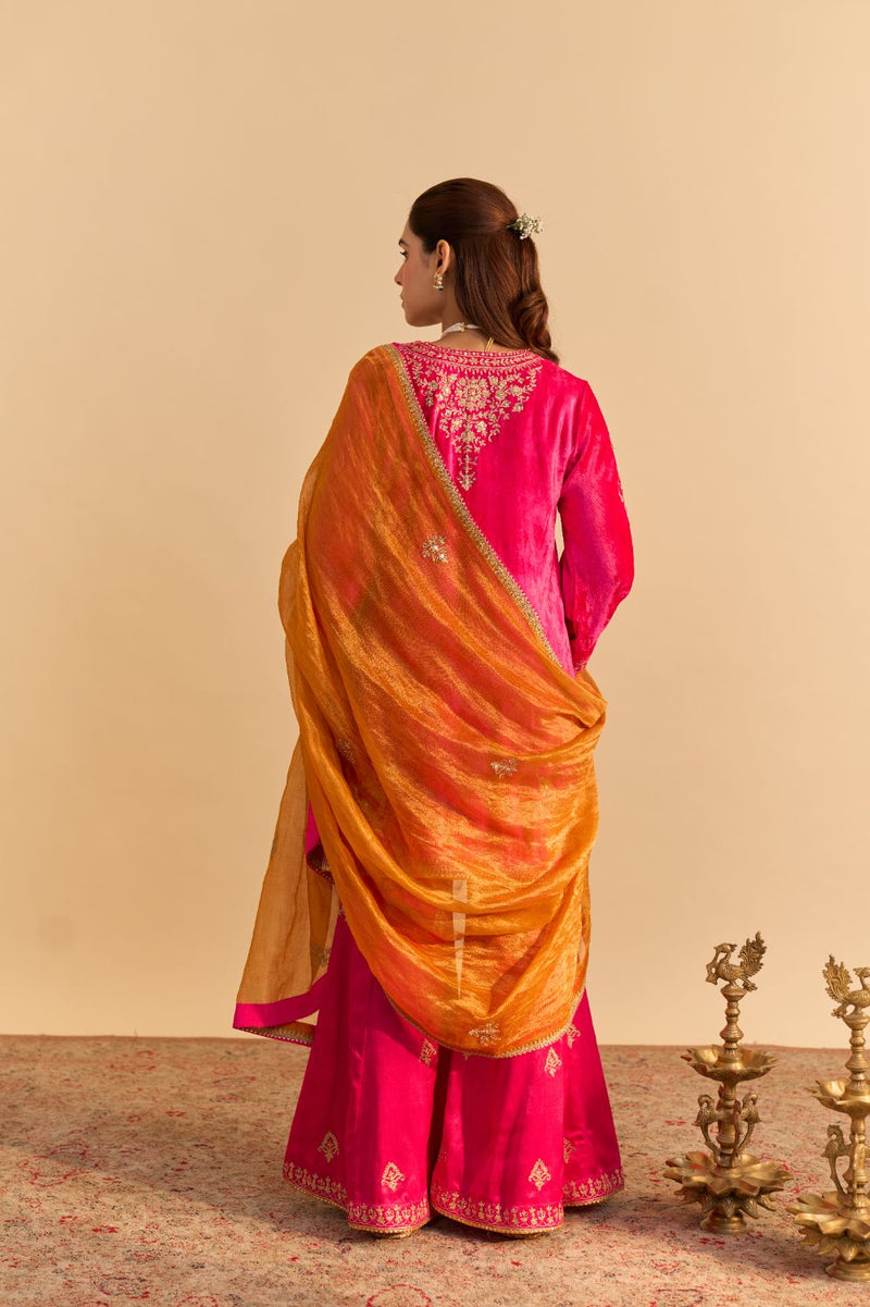 Nooren - Hotpink Kurta with Flared Palazzo and Dupatta silk by SHEETAL BATRA in pink color for women Worldwide