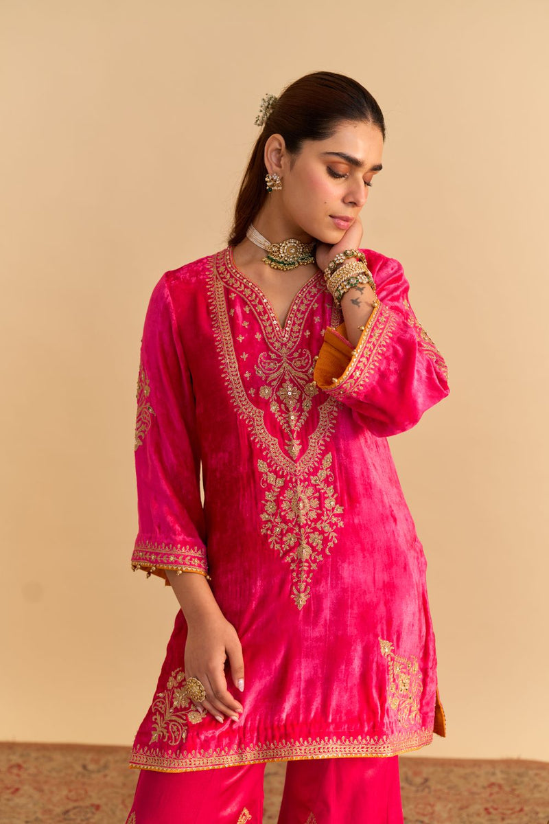 Nooren - Hotpink Kurta with Flared Palazzo and Dupatta silk by SHEETAL BATRA in pink color for women Worldwide