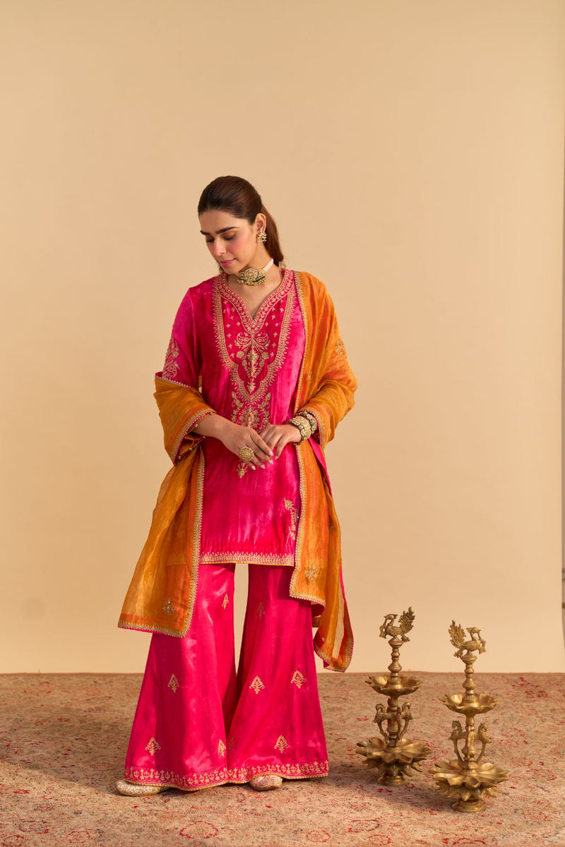 Nooren - Hotpink Kurta with Flared Palazzo and Dupatta silk by SHEETAL BATRA in pink color for women Worldwide