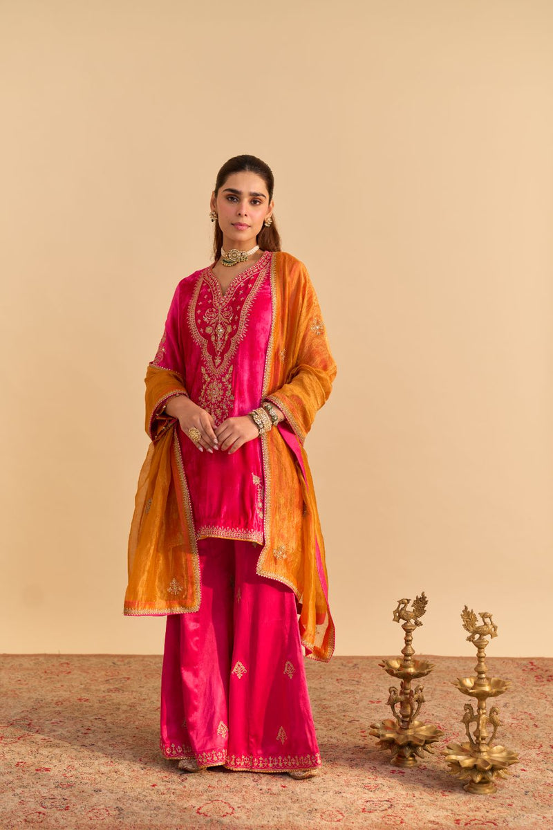 Nooren - Hotpink Kurta with Flared Palazzo and Dupatta silk by SHEETAL BATRA in pink color for women Worldwide