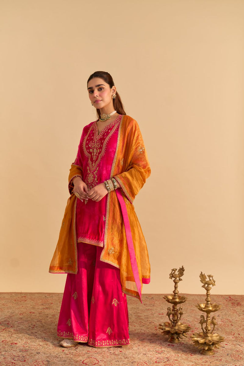 Nooren - Hotpink Kurta with Flared Palazzo and Dupatta silk by SHEETAL BATRA in pink color for women Worldwide