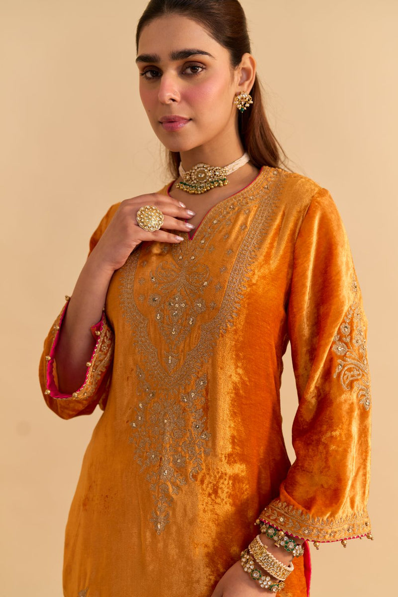 Nooren - Orange Kurta with Flared Palazzo and Dupatta silk by SHEETAL BATRA in orange color for women Worldwide
