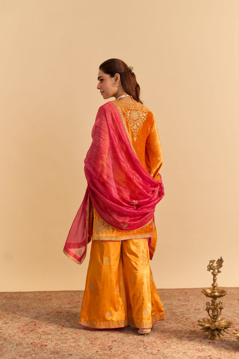 Nooren - Orange Kurta with Flared Palazzo and Dupatta silk by SHEETAL BATRA in orange color for women Worldwide