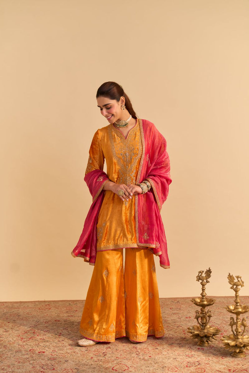 Nooren - Orange Kurta with Flared Palazzo and Dupatta silk by SHEETAL BATRA in orange color for women Worldwide