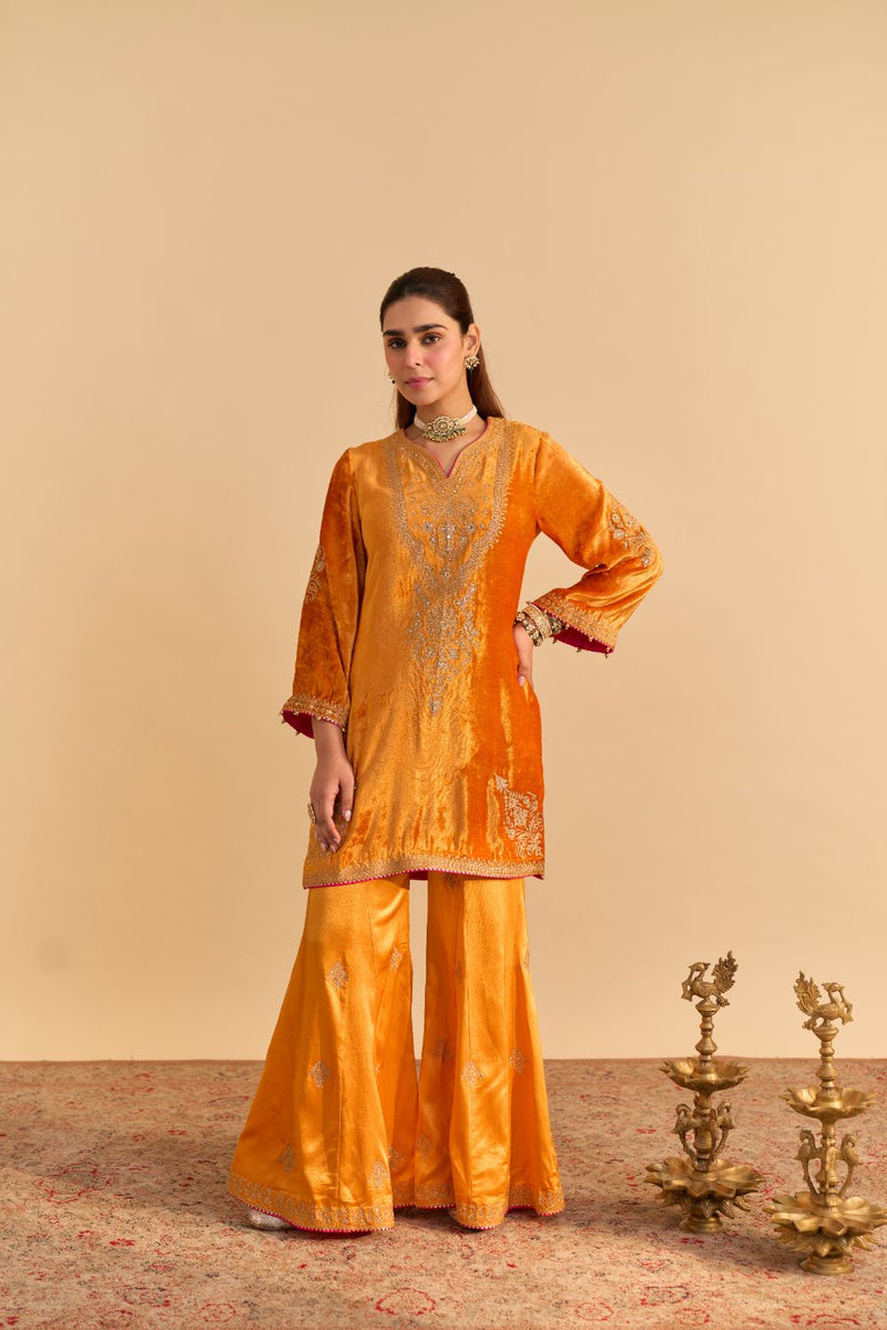 Nooren - Orange Kurta with Flared Palazzo and Dupatta silk by SHEETAL BATRA in orange color for women Worldwide
