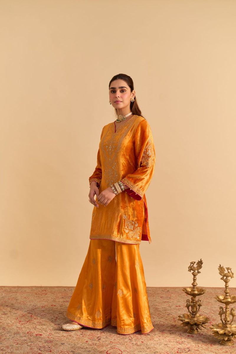Nooren - Orange Kurta with Flared Palazzo and Dupatta silk by SHEETAL BATRA in orange color for women Worldwide