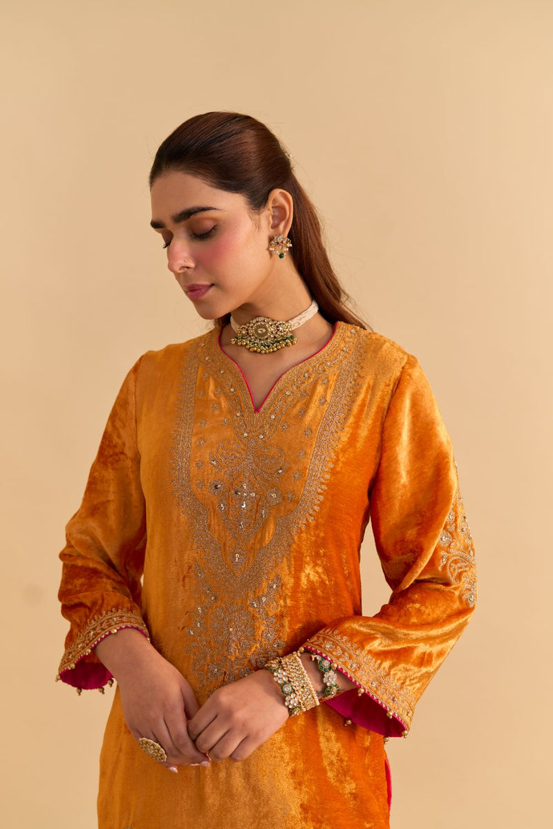 Nooren - Orange Kurta with Flared Palazzo and Dupatta silk by SHEETAL BATRA in orange color for women Worldwide