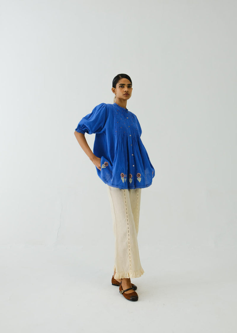 Nova Top-Electric Blue Flower Applique cotton by CORD for women Worldwide