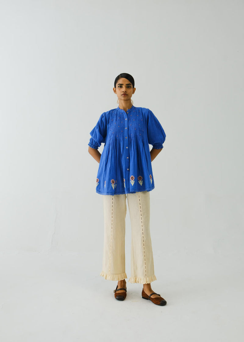 Nova Top-Electric Blue Flower Applique cotton by CORD for women Worldwide