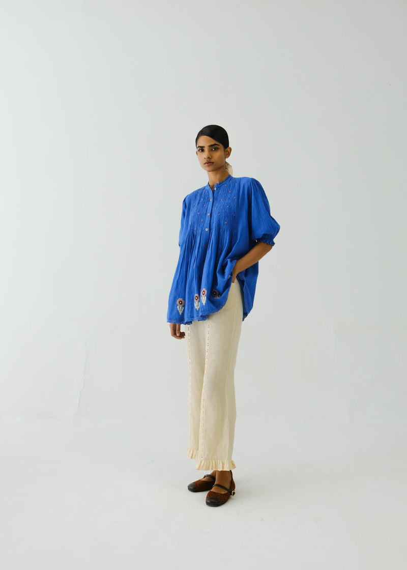 Nova Top-Electric Blue Flower Applique cotton by CORD for women Worldwide