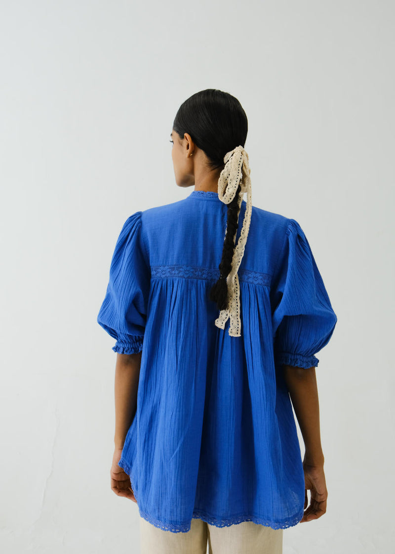 Nova Top-Electric Blue Flower Applique cotton by CORD for women Worldwide