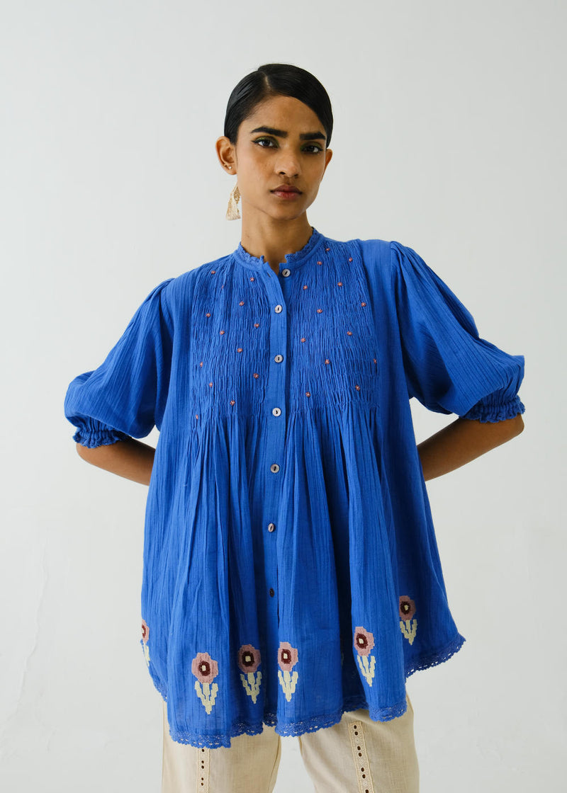 Nova Top-Electric Blue Flower Applique cotton by CORD for women Worldwide