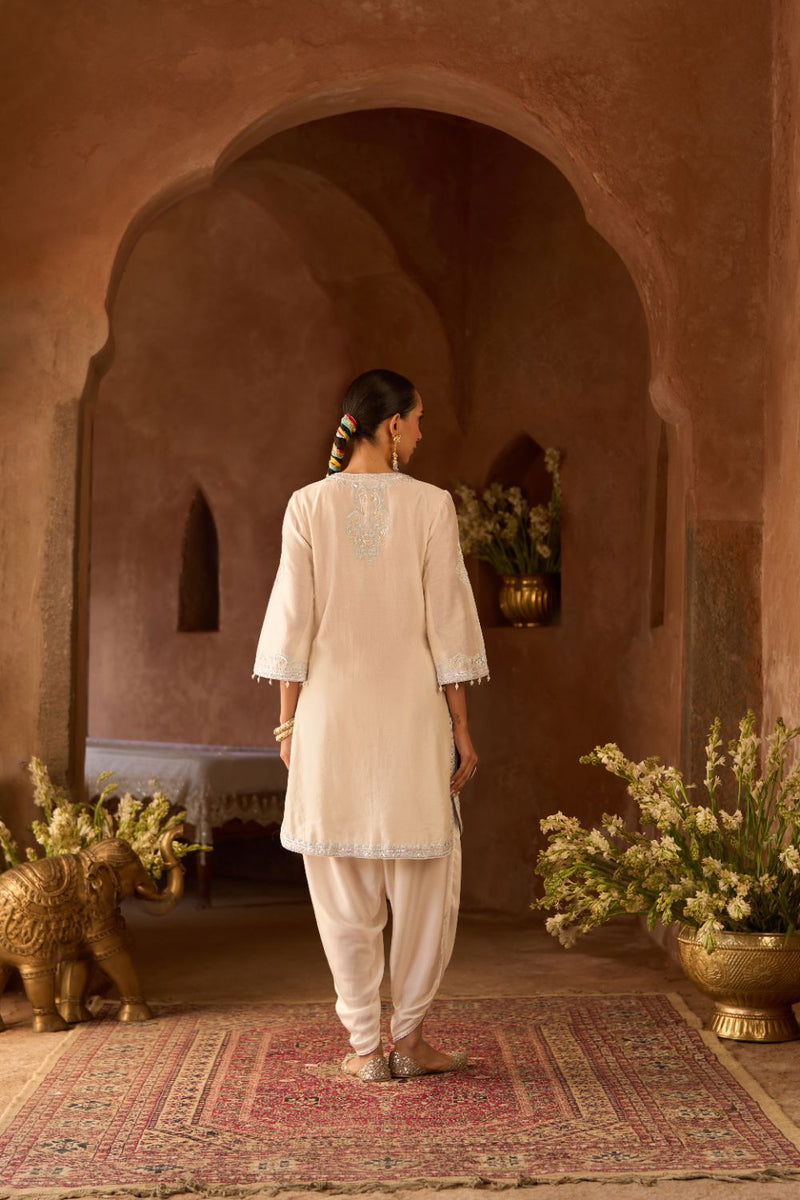 NYRA - DAISY IVORY WITH BLUE SHORT KURTA AND DHOTI silk chanderi kurta/kurta set by SHEETAL BATRA in daisy ivory with blue for women Worldwide