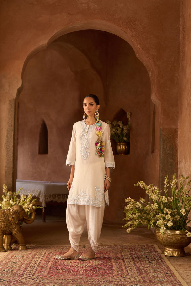 NYRA - DAISY IVORY WITH BLUE SHORT KURTA AND DHOTI silk chanderi kurta/kurta set by SHEETAL BATRA in daisy ivory with blue for women Worldwide