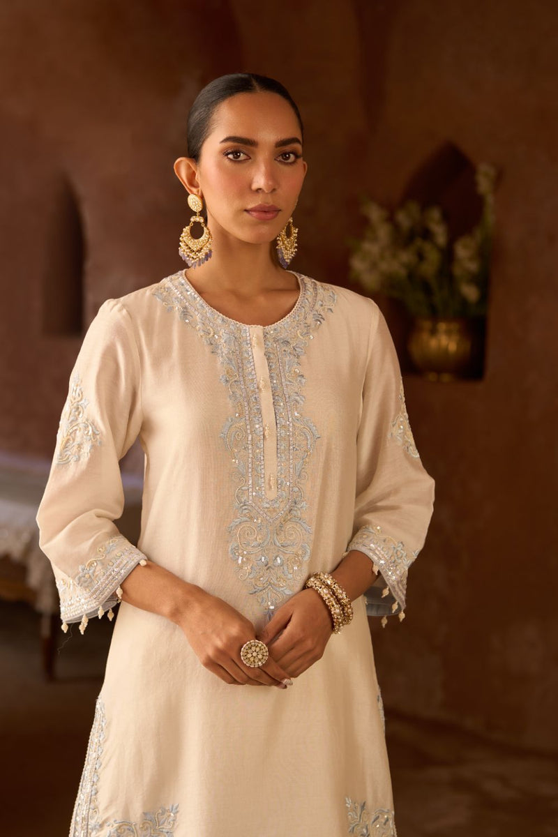 NYRA - DAISY IVORY WITH BLUE SHORT KURTA AND DHOTI silk chanderi kurta/kurta set by SHEETAL BATRA in daisy ivory with blue for women Worldwide