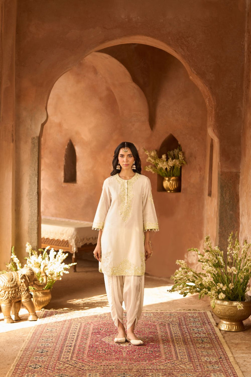 NYRA - DAISY IVORY WITH MINT GREEN SHORT KURTA AND DHOTI silk chanderi kurta/kurta set by SHEETAL BATRA in daisy ivory with mint green for women Worldwide