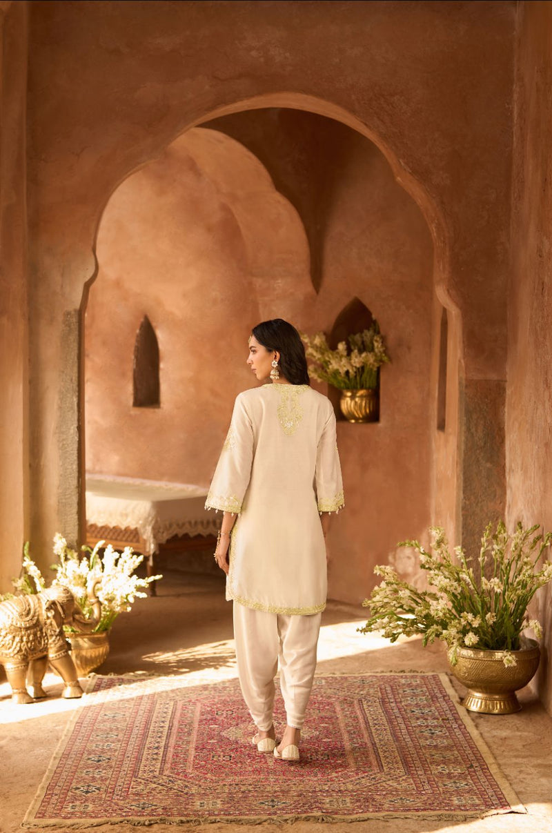 NYRA - DAISY IVORY WITH MINT GREEN SHORT KURTA AND DHOTI silk chanderi kurta/kurta set by SHEETAL BATRA in daisy ivory with mint green for women Worldwide