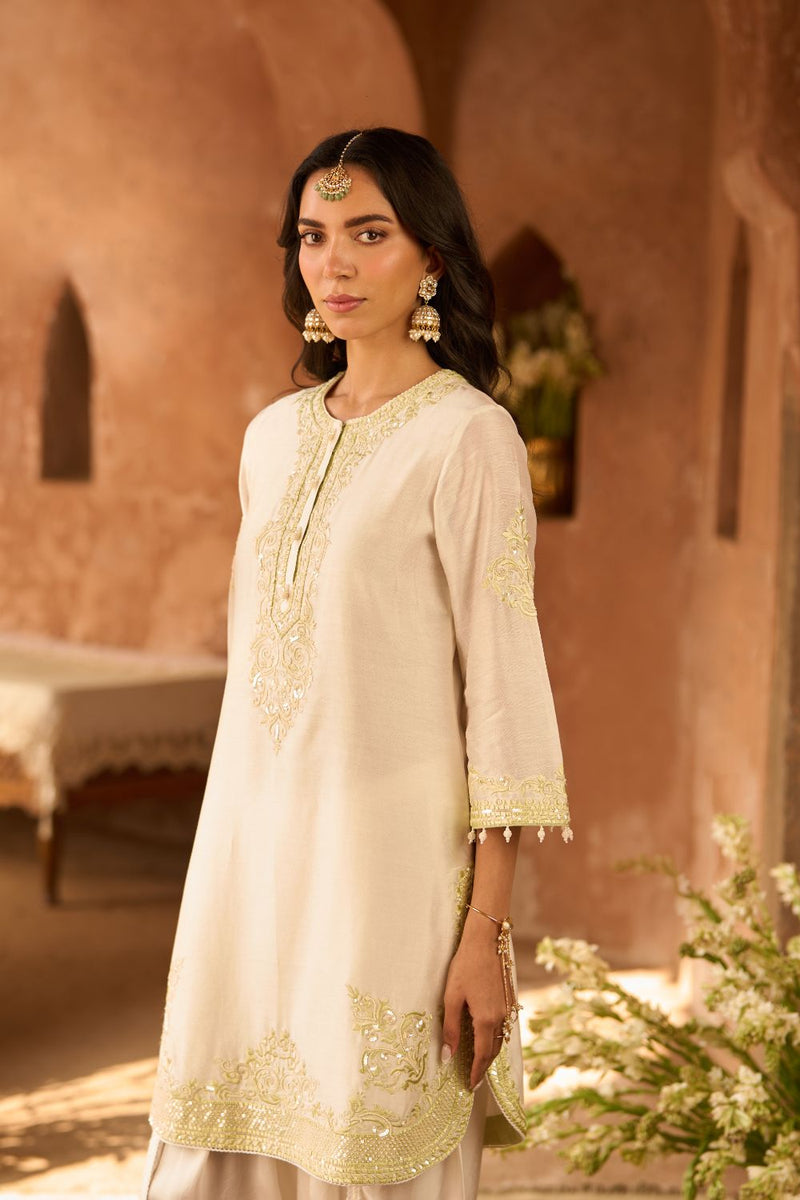 NYRA - DAISY IVORY WITH MINT GREEN SHORT KURTA AND DHOTI silk chanderi kurta/kurta set by SHEETAL BATRA in daisy ivory with mint green for women Worldwide