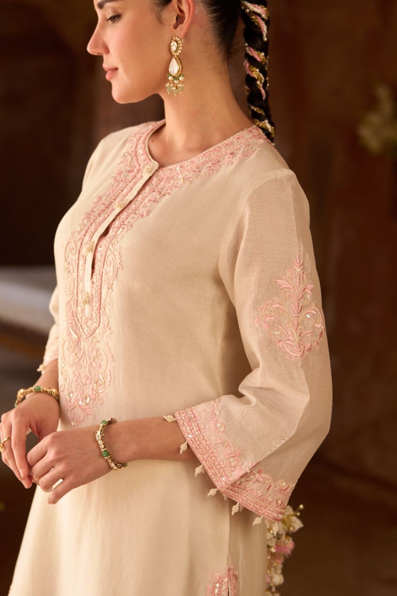 NYRA - DAISY IVORY WITH PINK SHORT KURTA AND DHOTI silk chanderi kurta/kurta set by SHEETAL BATRA in daisy ivory with pink for women Worldwide
