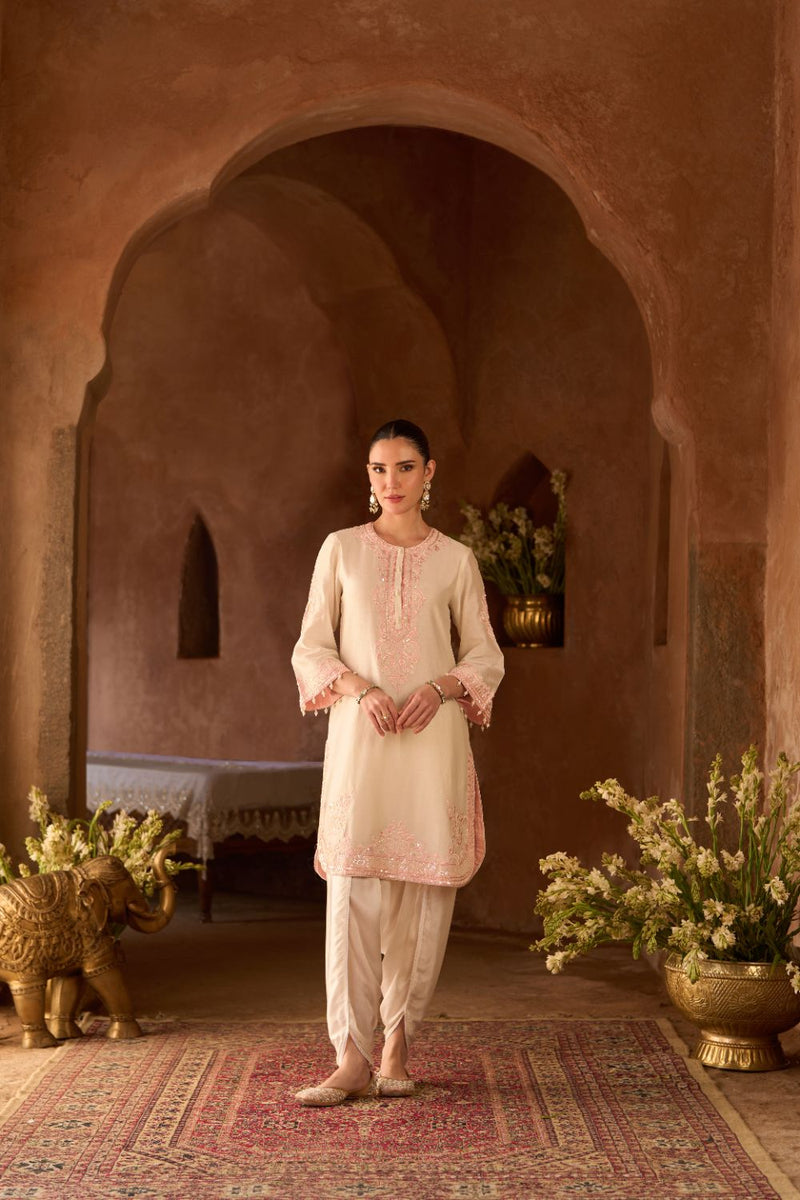 NYRA - DAISY IVORY WITH PINK SHORT KURTA AND DHOTI silk chanderi kurta/kurta set by SHEETAL BATRA in daisy ivory with pink for women Worldwide