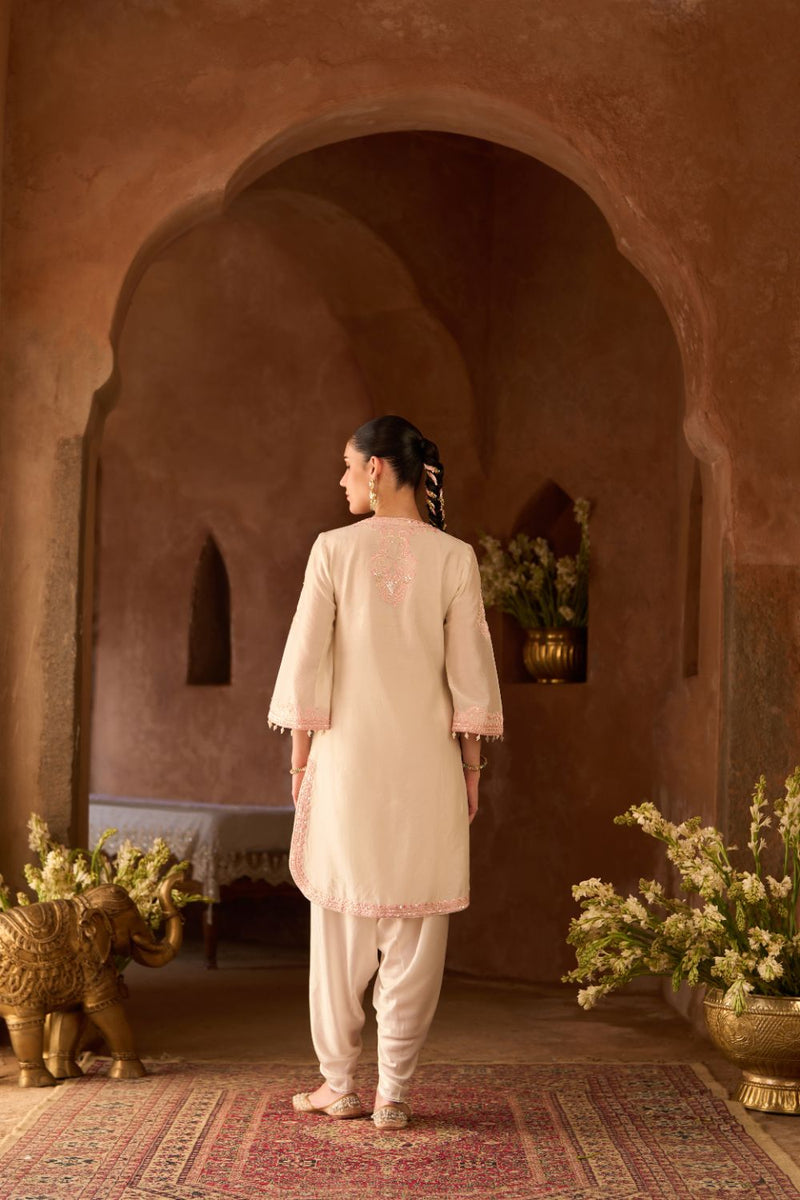 NYRA - DAISY IVORY WITH PINK SHORT KURTA AND DHOTI silk chanderi kurta/kurta set by SHEETAL BATRA in daisy ivory with pink for women Worldwide