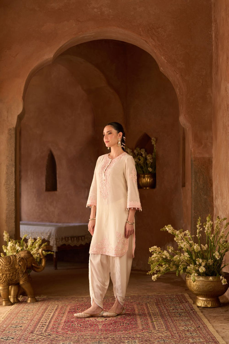 NYRA - DAISY IVORY WITH PINK SHORT KURTA AND DHOTI silk chanderi kurta/kurta set by SHEETAL BATRA in daisy ivory with pink for women Worldwide