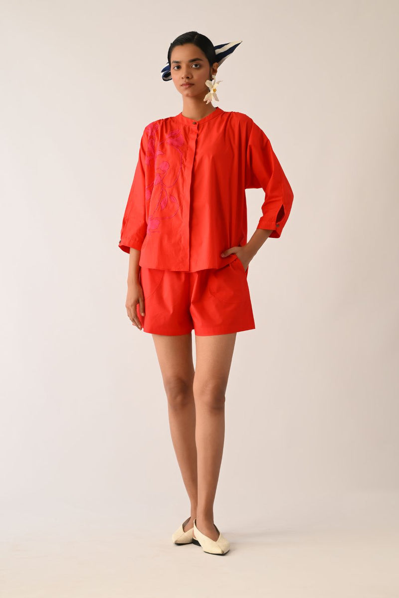 Mono Crimson Rj Appliqué Top poplin top/shirt by O'Frida in crimson for women Worldwide