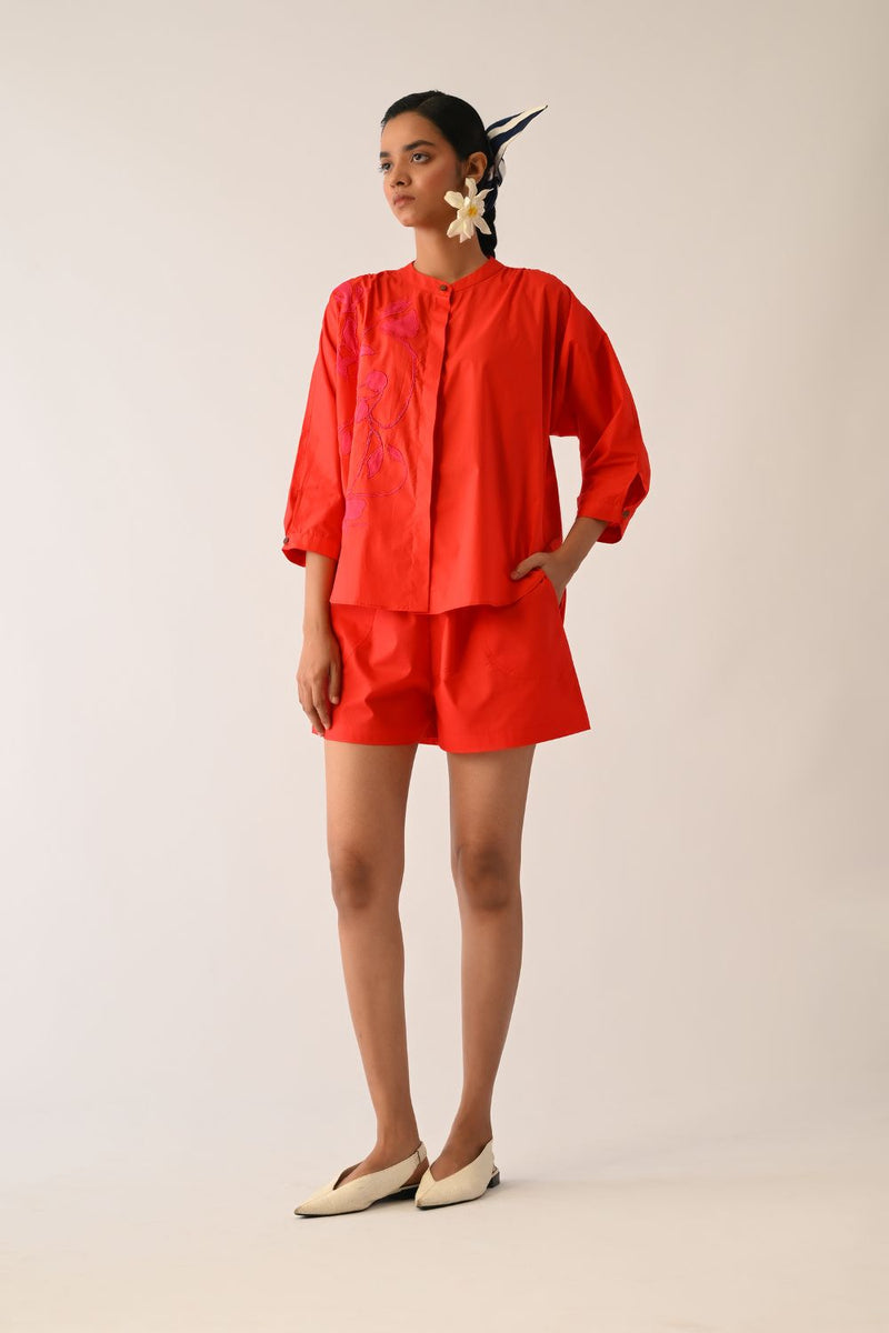 Mono Crimson Rj Appliqué Top poplin top/shirt by O'Frida in crimson for women Worldwide