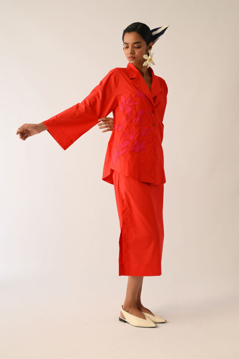 Mono Crimson Psyflora Appliqué Shirt poplin top/shirt by O'Frida in crimson for women Worldwide