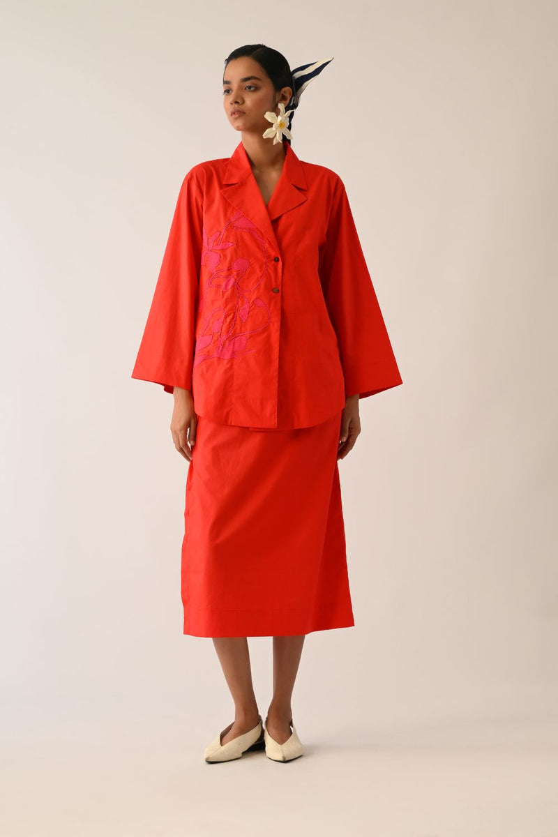 Mono Crimson Psyflora Appliqué Shirt poplin top/shirt by O'Frida in crimson for women Worldwide