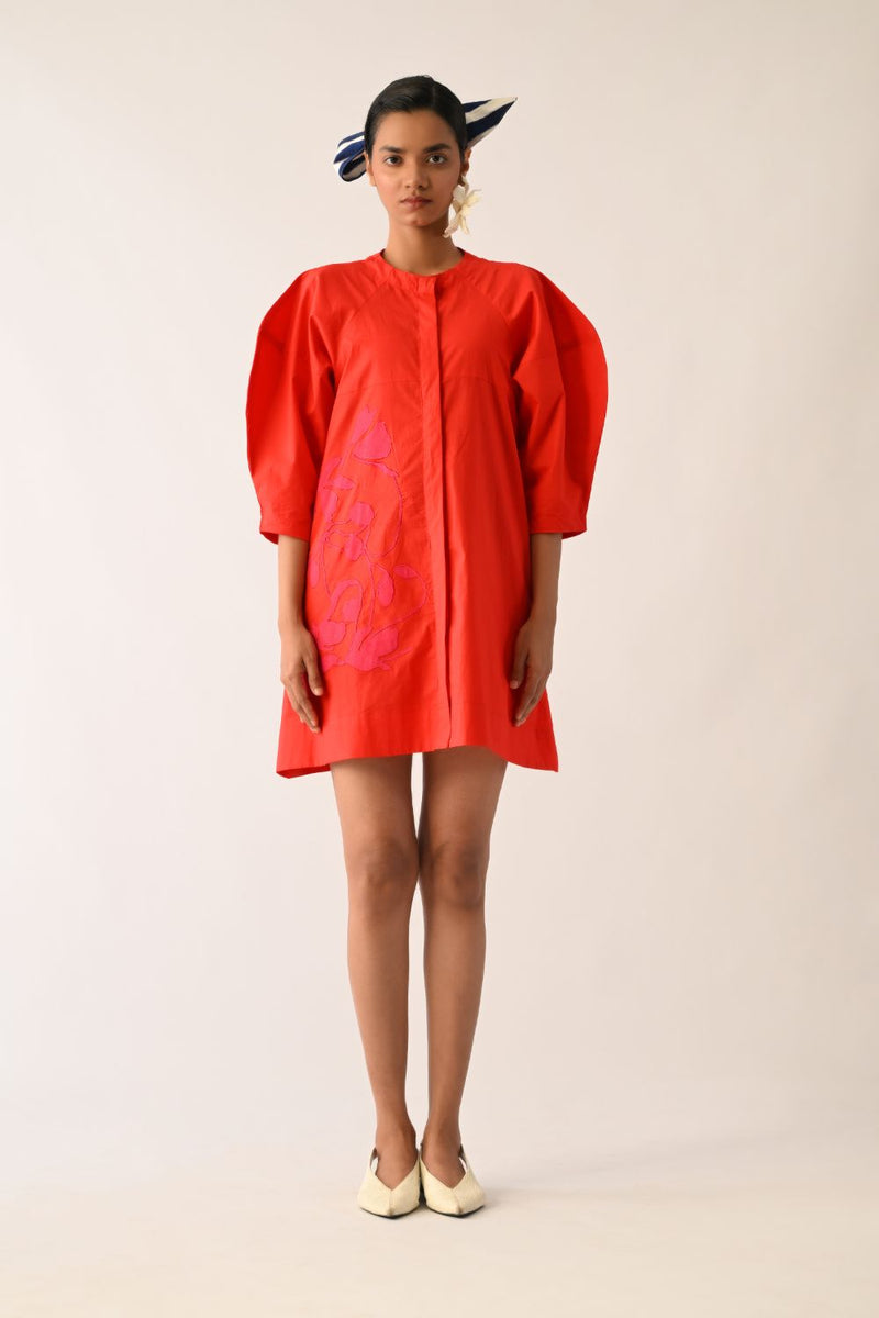 Mono Crimson Bubble Sleeve Aline Short Appliqué Dress poplin dress by O'Frida in crimson for women Worldwide