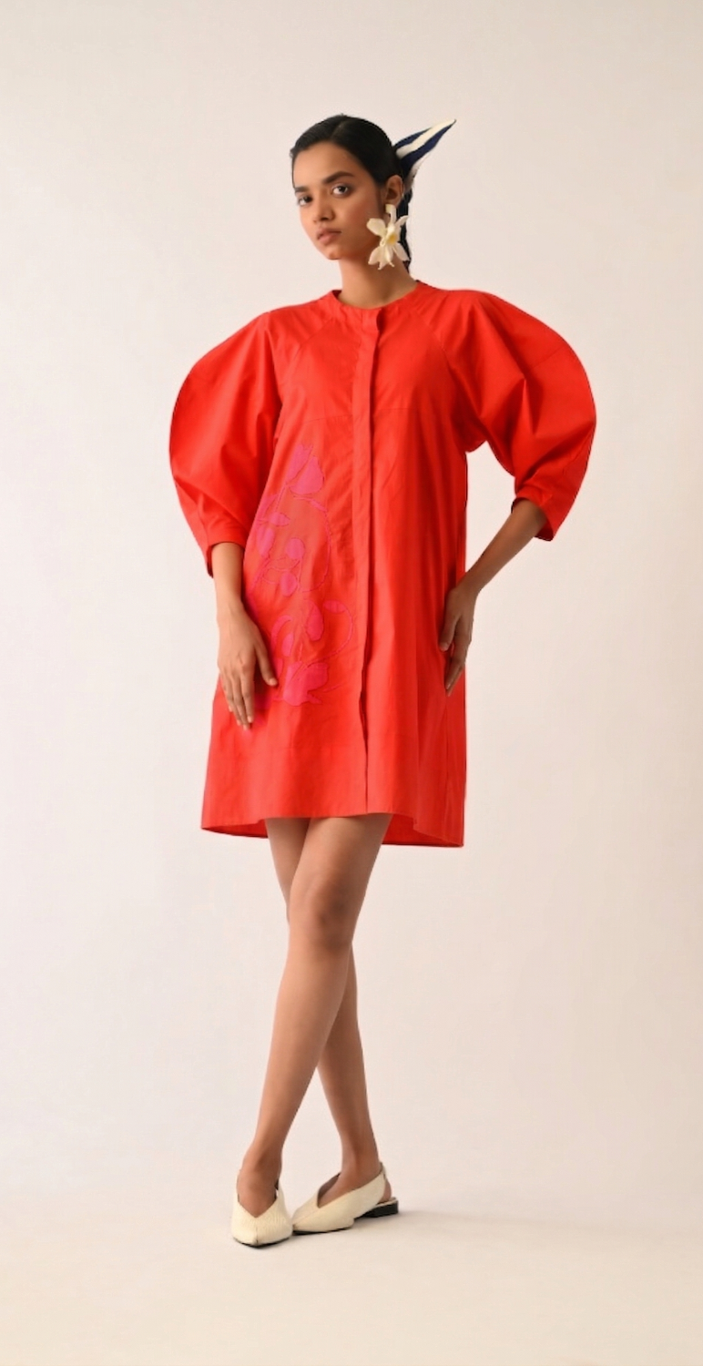 Mono Crimson Bubble Sleeve Aline Short Appliqué Dress poplin dress by O'Frida in crimson for women Worldwide