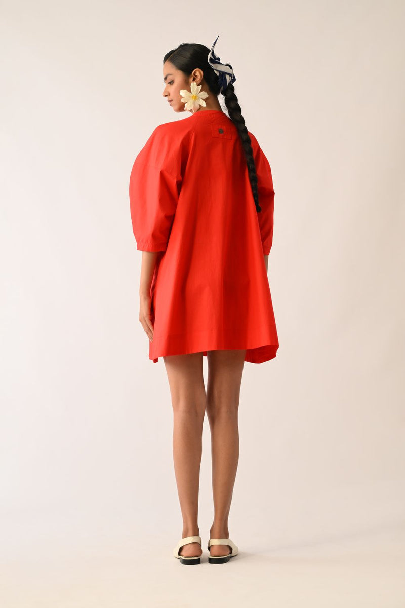 Mono Crimson Bubble Sleeve Aline Short Appliqué Dress poplin dress by O'Frida in crimson for women Worldwide