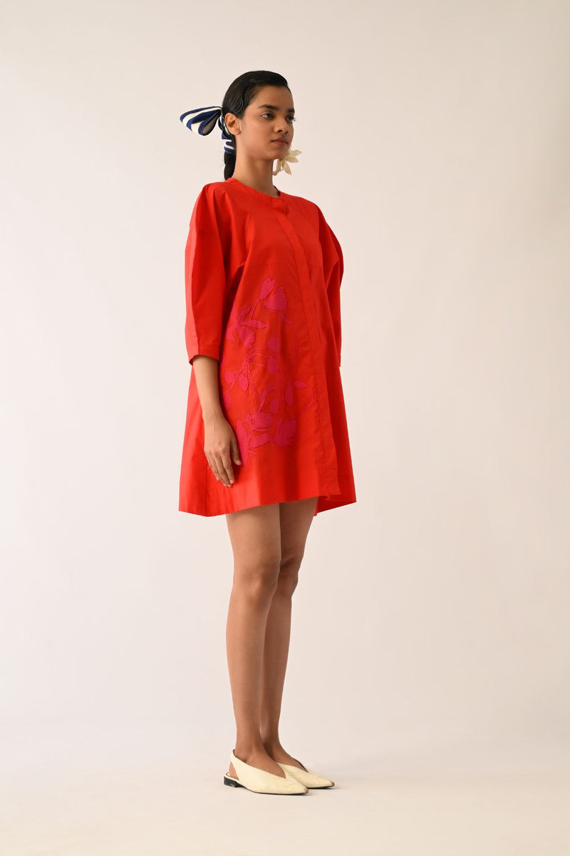 Mono Crimson Bubble Sleeve Aline Short Appliqué Dress poplin dress by O'Frida in crimson for women Worldwide