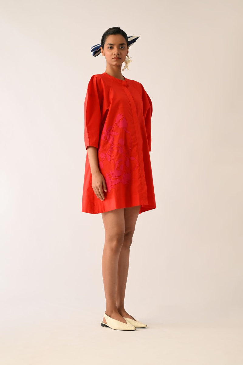 Mono Crimson Bubble Sleeve Aline Short Appliqué Dress poplin dress by O'Frida in crimson for women Worldwide