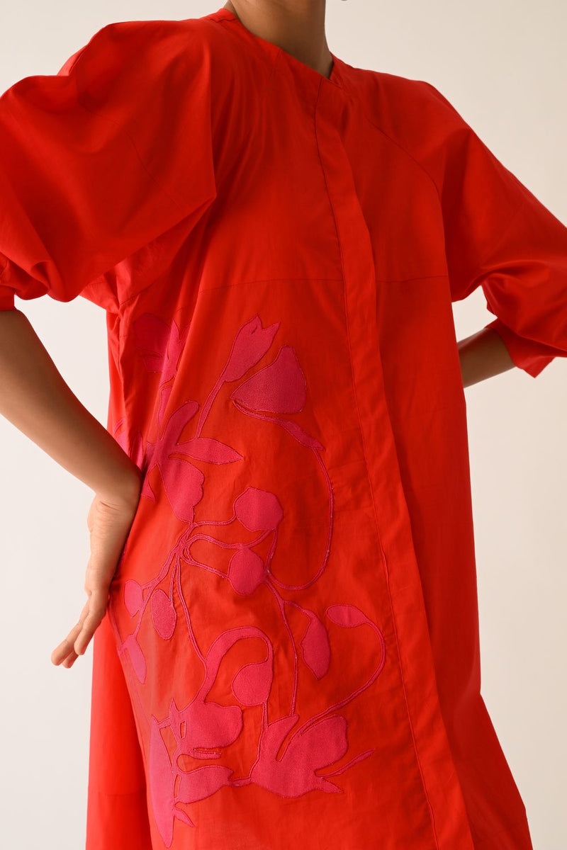Mono Crimson Bubble Sleeve Aline Short Appliqué Dress poplin dress by O'Frida in crimson for women Worldwide