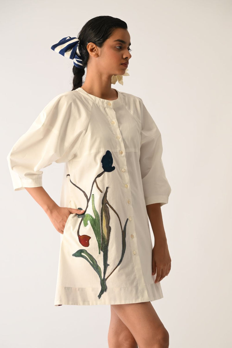 Botanica Ivory Bubble Aline Appliqué Dress poplin dress by O'Frida in ivory for women Worldwide