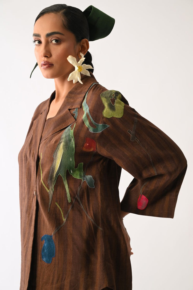 Brown Psyflora Appliqué Shirt cotton top/shirt by O'Frida in brown for women Worldwide