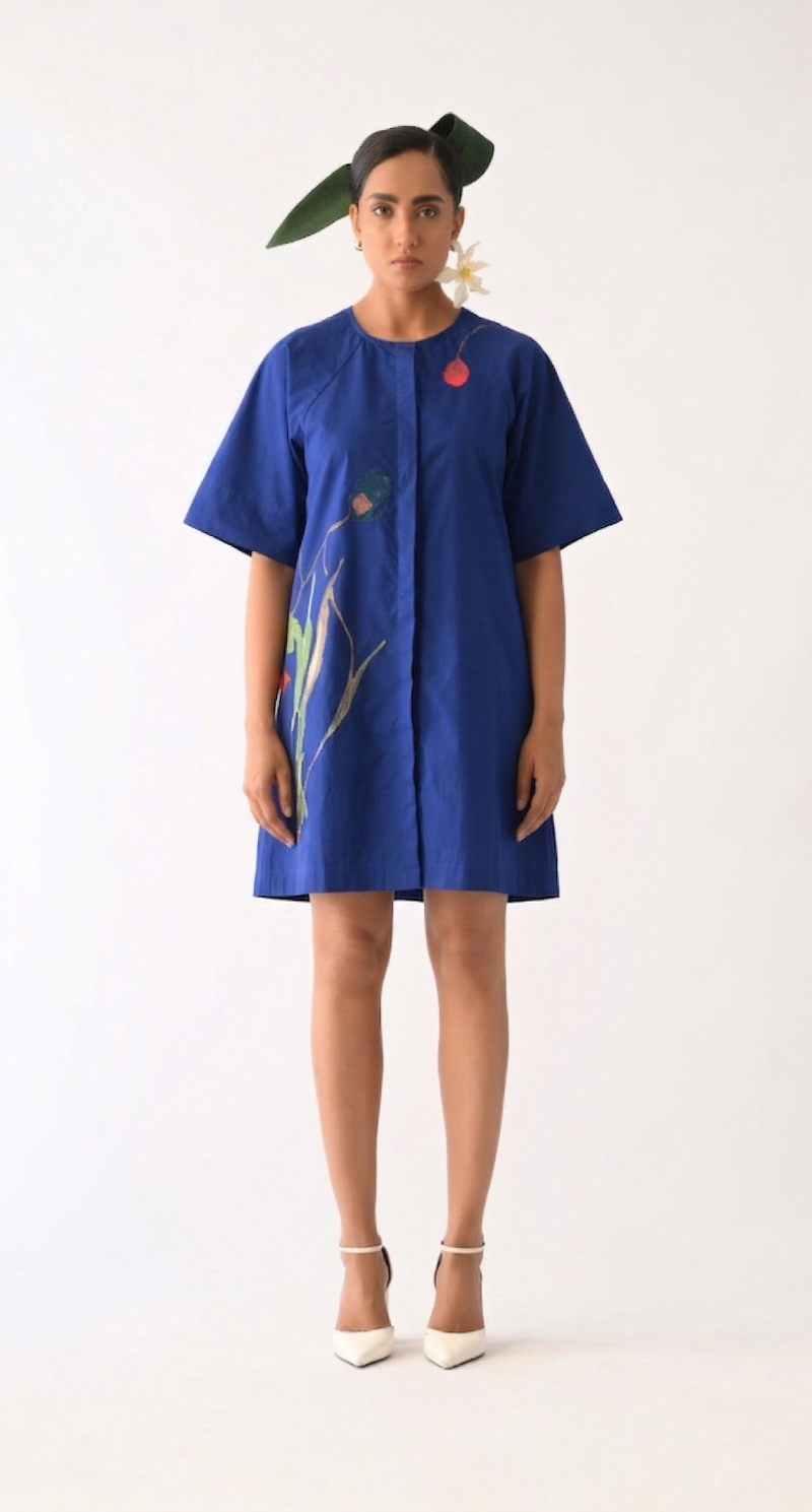 Botanica RB Aline Short Appliqué Dress poplin dress by O'Frida in royal blue for women Worldwide