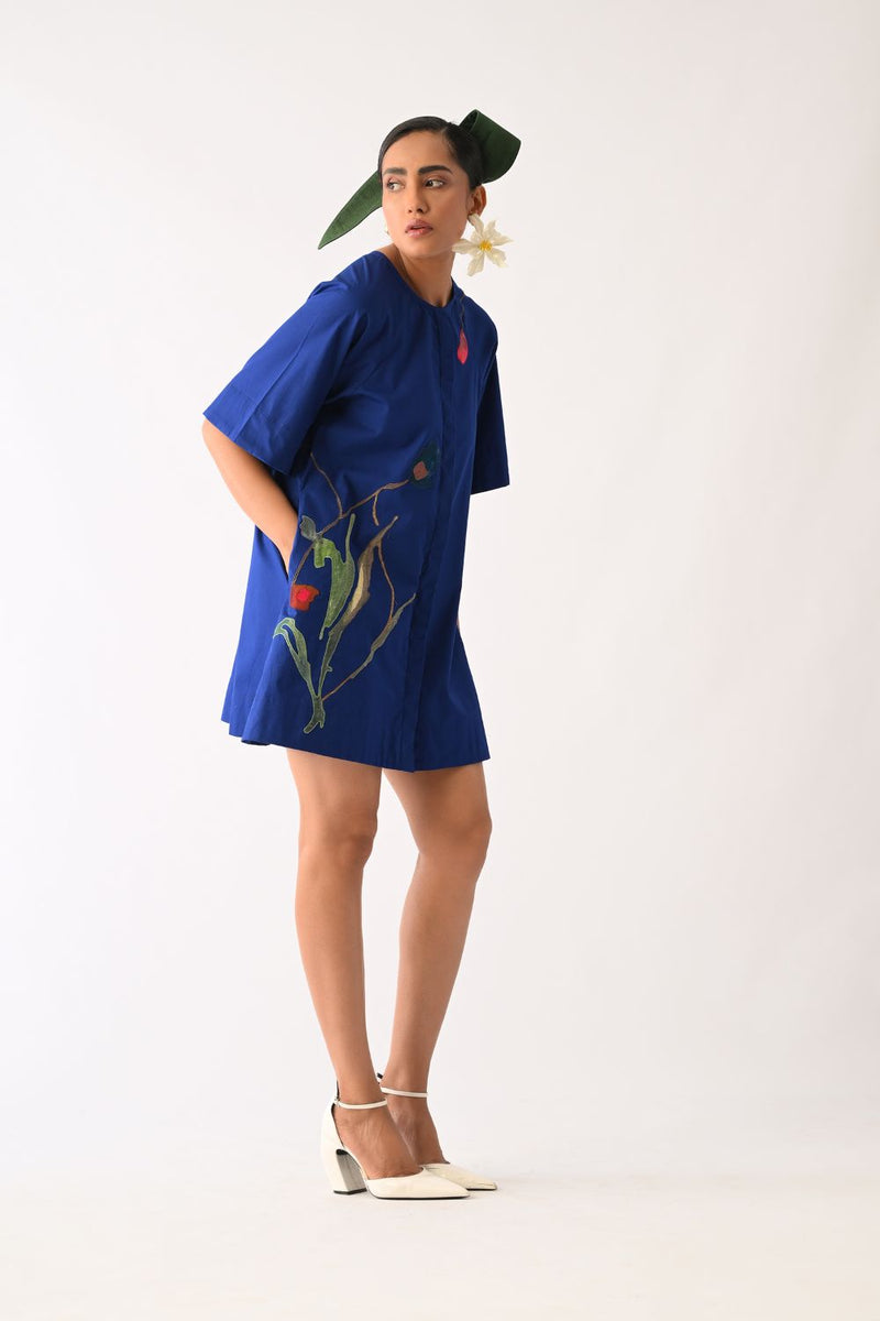 Botanica RB Aline Short Appliqué Dress poplin dress by O'Frida in royal blue for women Worldwide
