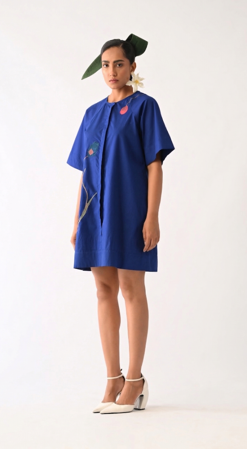 Botanica RB Aline Short Appliqué Dress poplin dress by O'Frida in royal blue for women Worldwide