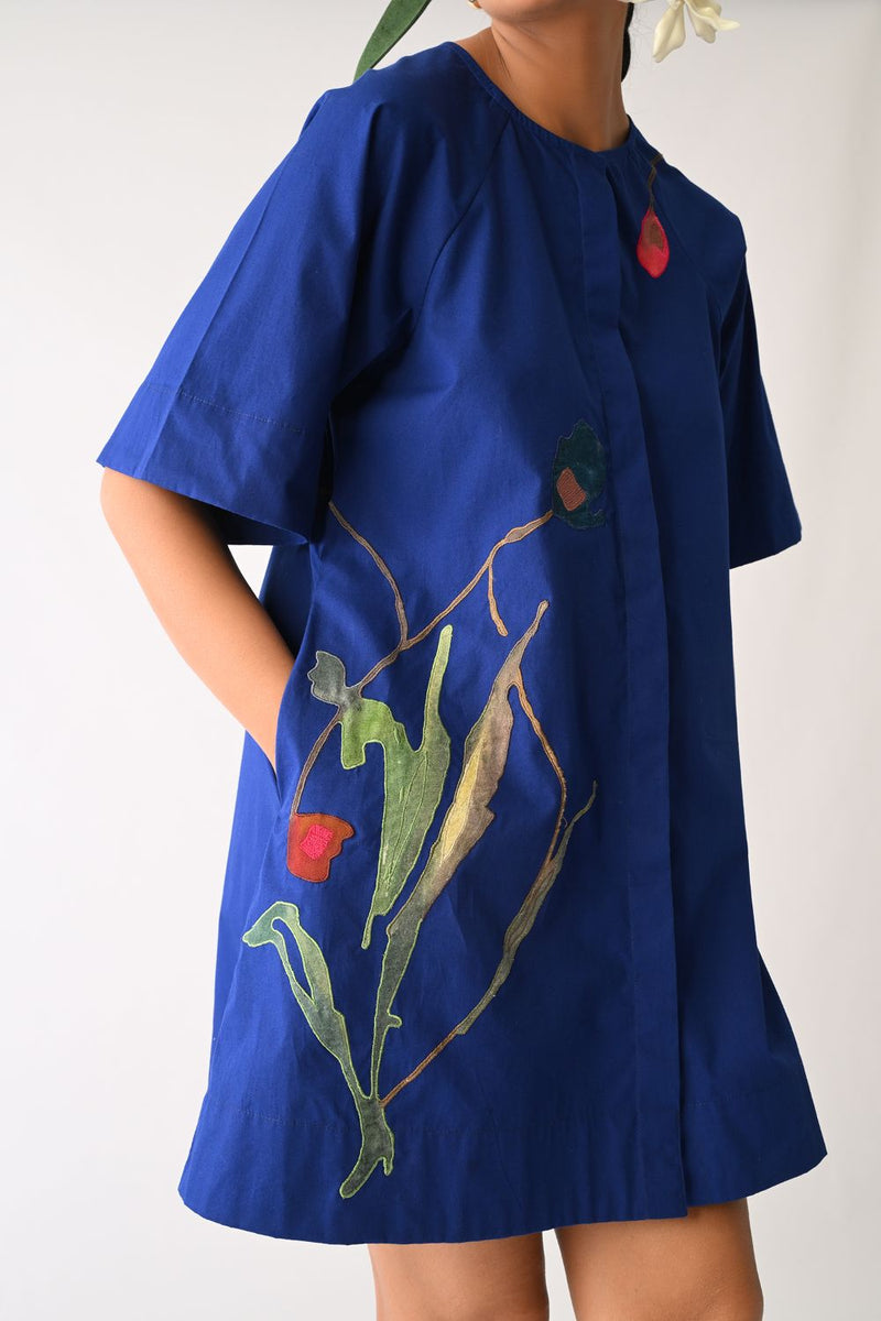 Botanica RB Aline Short Appliqué Dress poplin dress by O'Frida in royal blue for women Worldwide