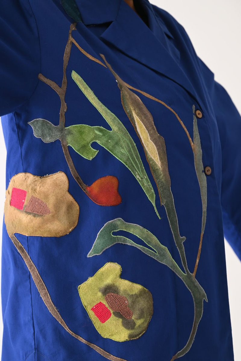 Botanica RB Psyflora Appliqué Shirt poplin top/shirt by O'Frida in royal blue for women Worldwide