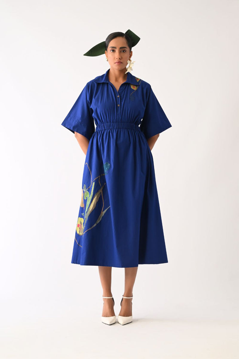 Botanica RB Poem Aline Appliqué Dress poplin dress by O'Frida in royal blue for women Worldwide
