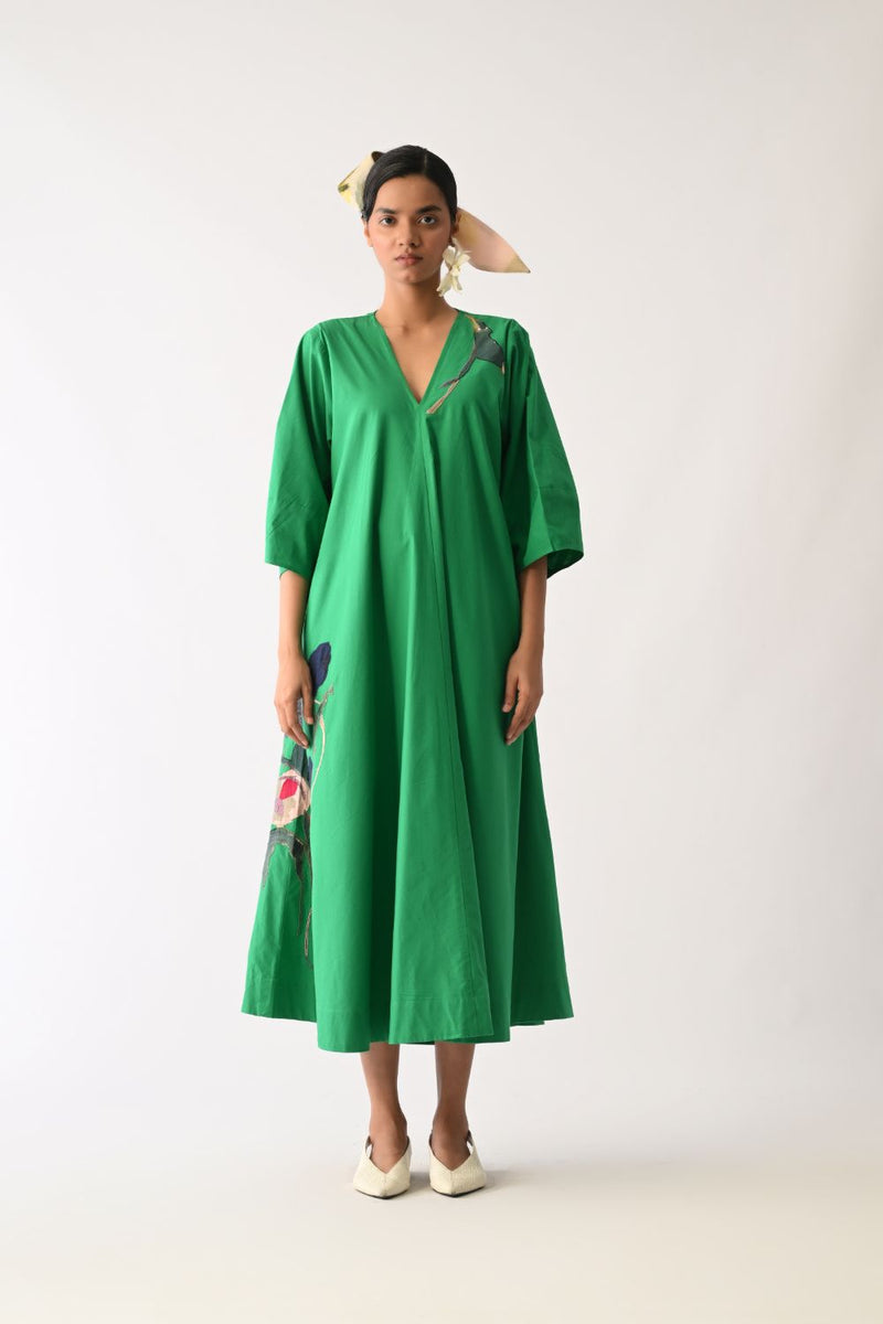 Emerald Mayflower Appliqué Dress poplin dress by O'Frida in emerald for women Worldwide