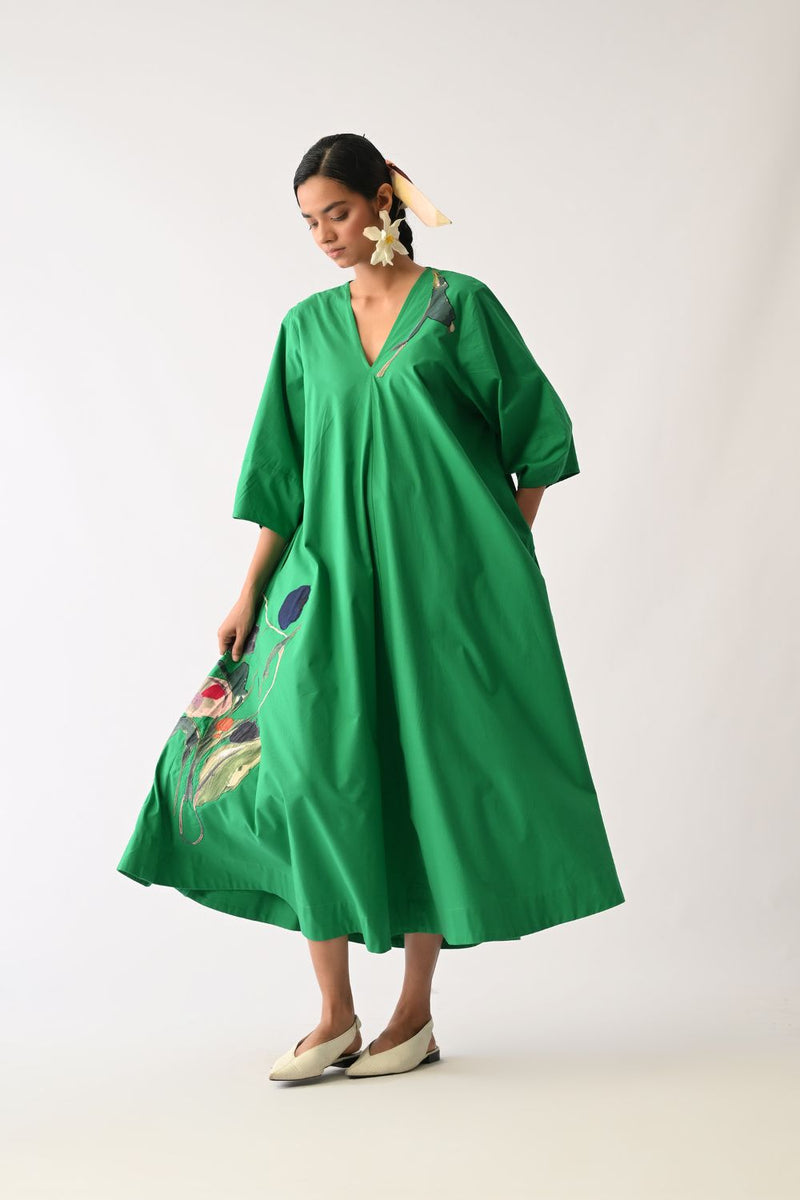 Emerald Mayflower Appliqué Dress poplin dress by O'Frida in emerald for women Worldwide