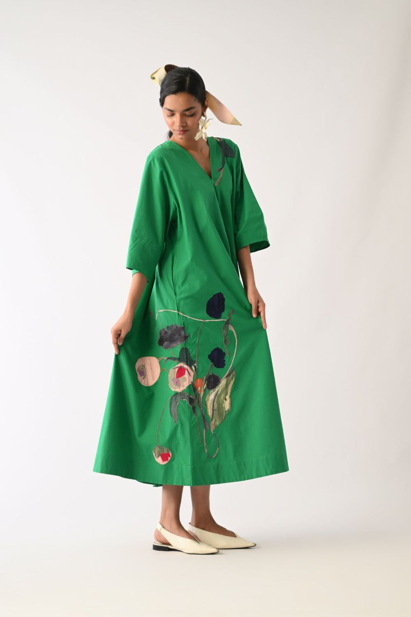 Emerald Mayflower Appliqué Dress poplin dress by O'Frida in emerald for women Worldwide