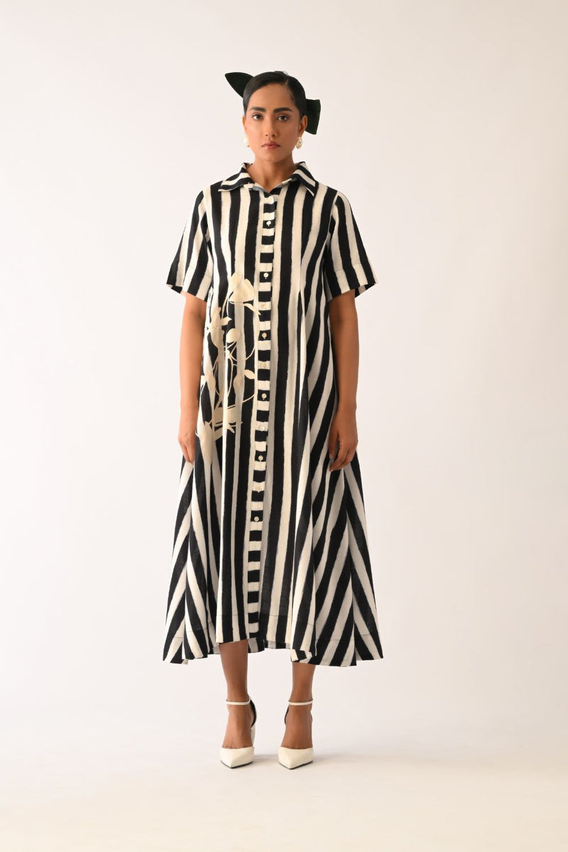 Revolt B&W Full Placket Appliqué Dress cotton dress by O'Frida in black & white for women Worldwide