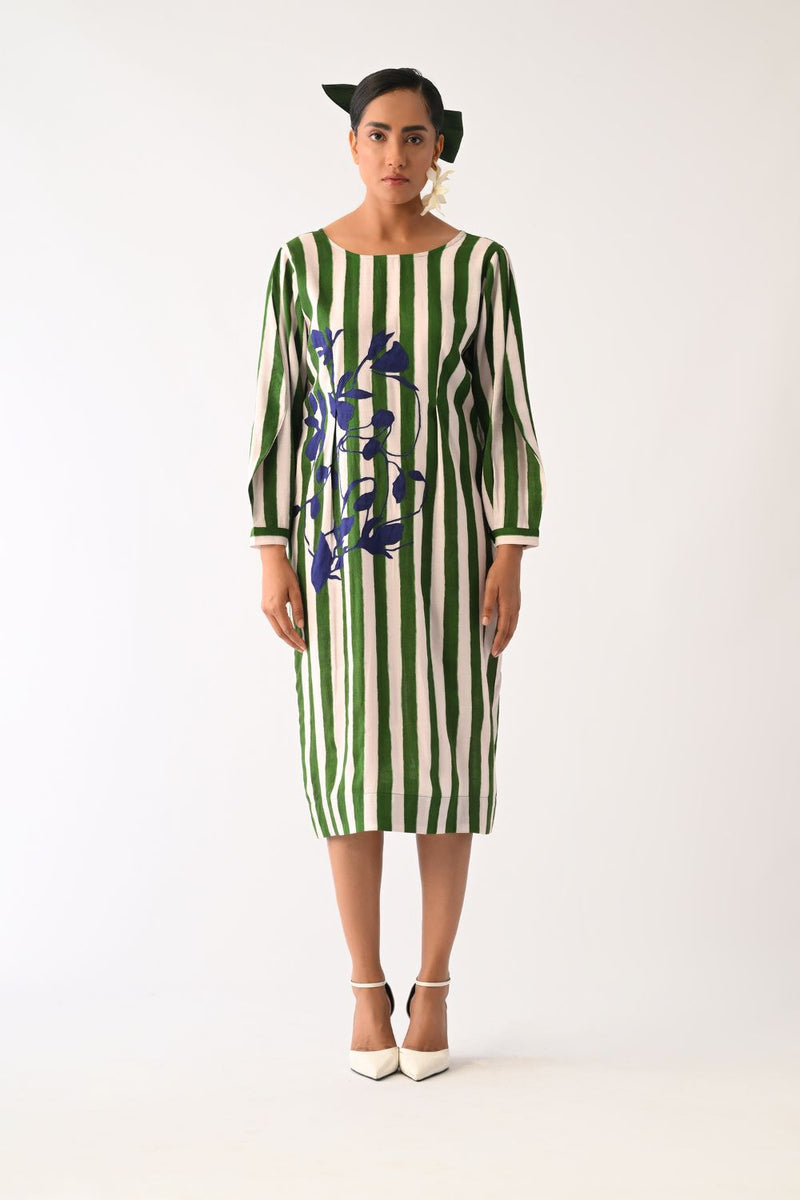 Revolt G Midi Gathered Appliqué Dress cotton dress by O'Frida in green & white for women Worldwide