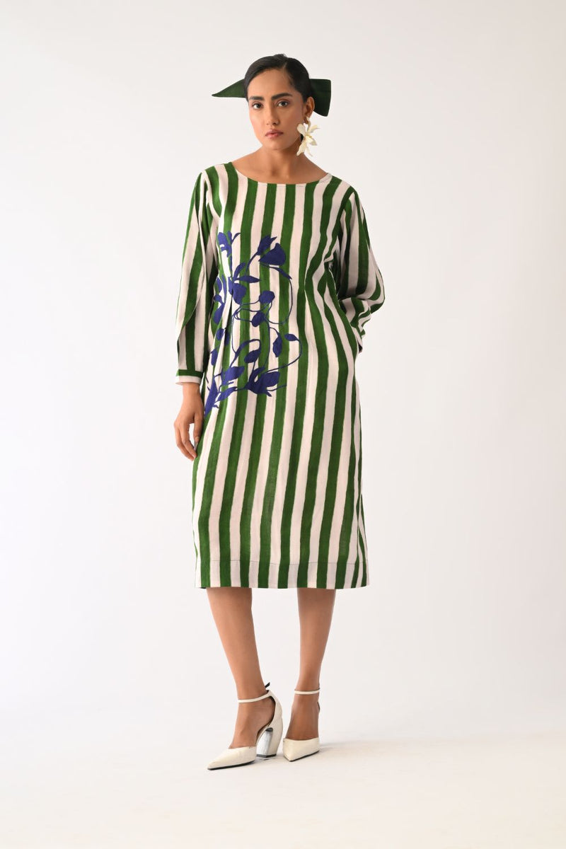 Revolt G Midi Gathered Appliqué Dress cotton dress by O'Frida in green & white for women Worldwide